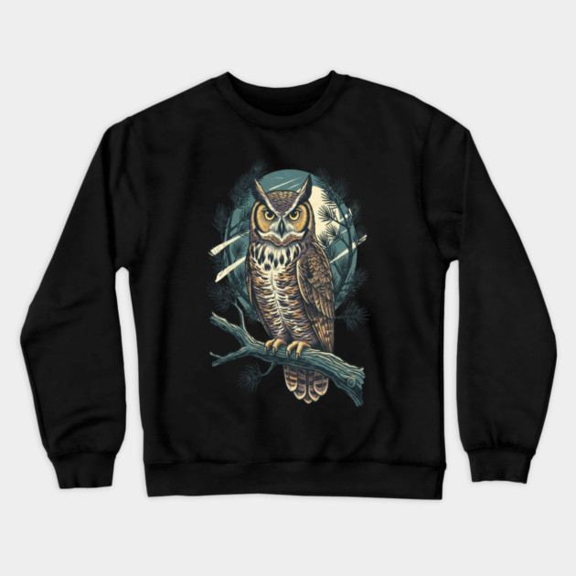 Great Horned Owl with Twilight Pines Crewneck Sweatshirt by BirdsnStuff