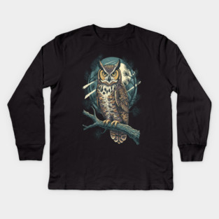 Great Horned Owl with Twilight Pines Kids Long Sleeve T-Shirt