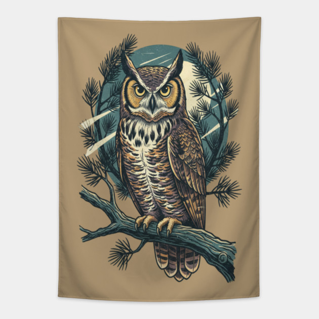 Great Horned Owl with Twilight Pines Tapestry by BirdsnStuff