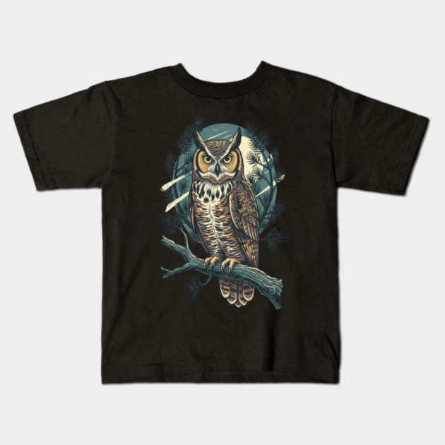 Great Horned Owl with Twilight Pines Kids T-Shirt by BirdsnStuff