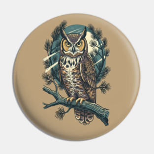Great Horned Owl with Twilight Pines Pin