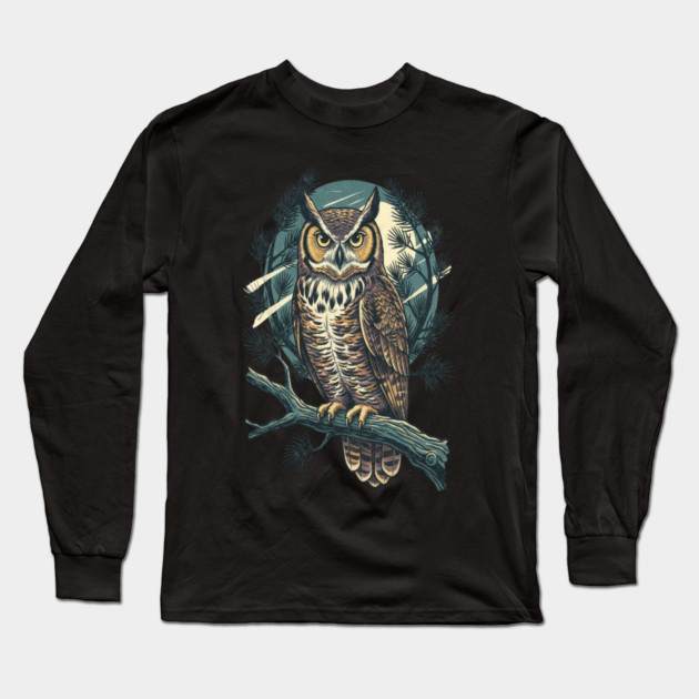 Great Horned Owl with Twilight Pines Long Sleeve T-Shirt by BirdsnStuff