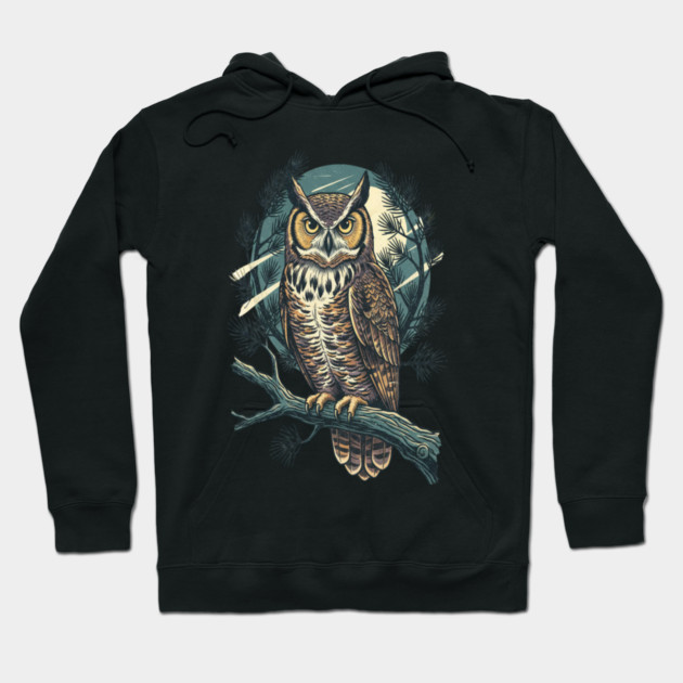 Great Horned Owl with Twilight Pines Hoodie by BirdsnStuff
