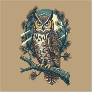 Great Horned Owl with Twilight Pines Posters and Art
