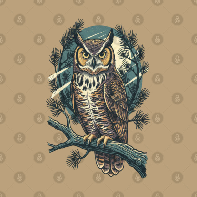 Great Horned Owl with Twilight Pines by BirdsnStuff