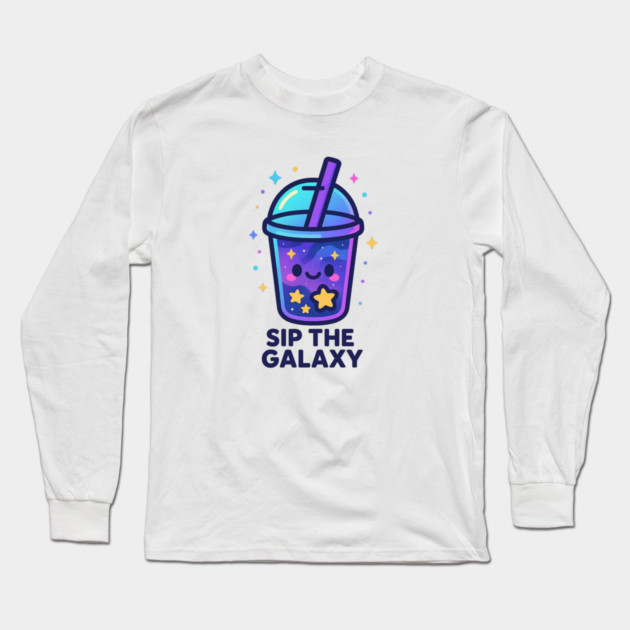 Sip the Galaxy – Cosmo Bites Kawaii Cosmic Drink Design Long Sleeve T-Shirt by Anne Lee