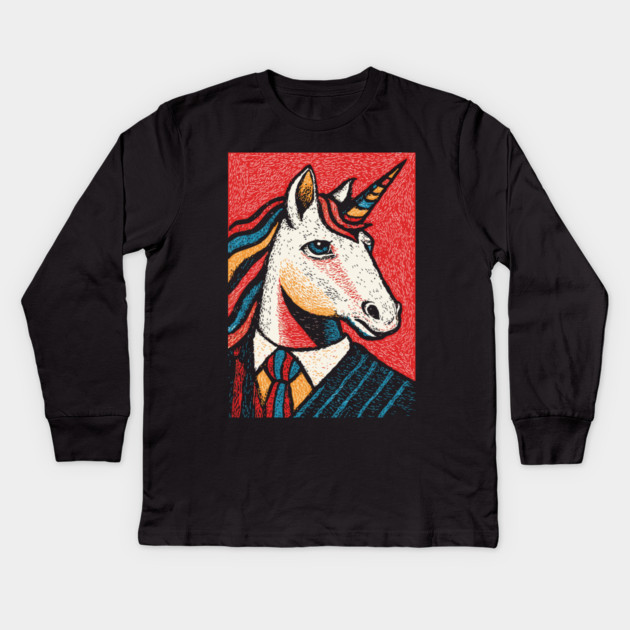 Majestic Unicorn in Business Attire Surreal Art Kids Long Sleeve T-Shirt by TuncGK