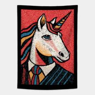 Majestic Unicorn in Business Attire Surreal Art Tapestry