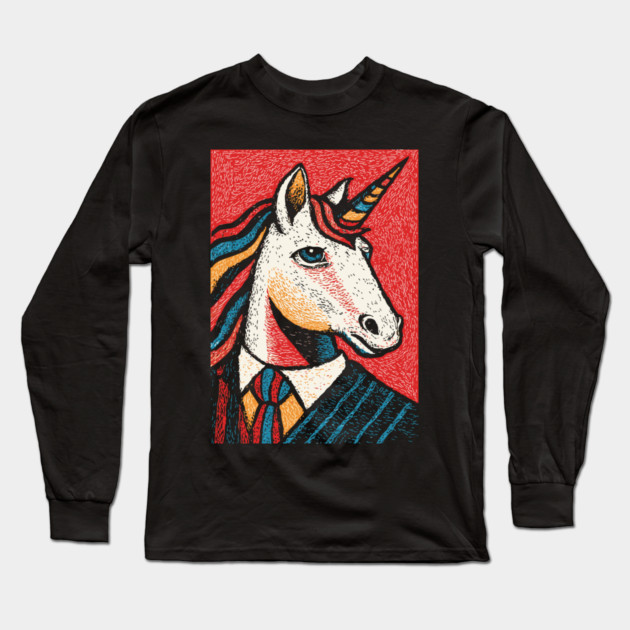 Majestic Unicorn in Business Attire Surreal Art Long Sleeve T-Shirt by TuncGK