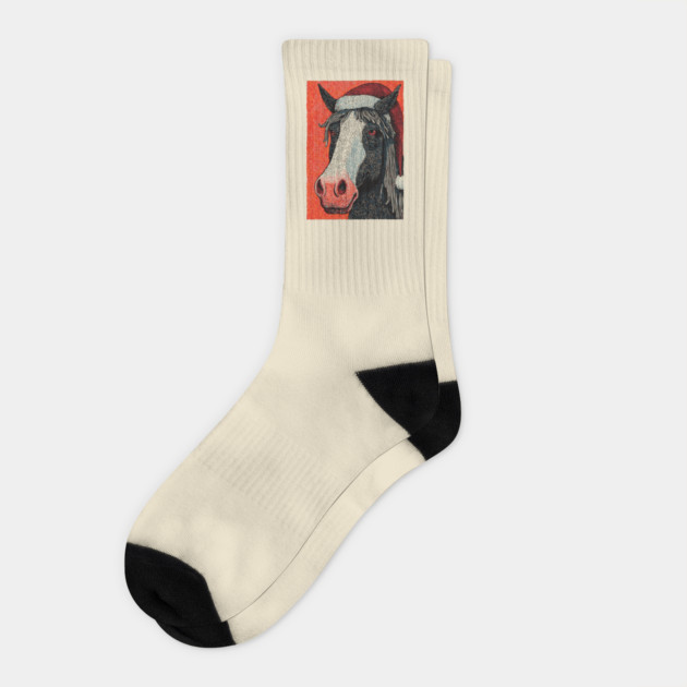 Festive Horse Wearing Santa Hat Christmas Art Socks by TuncGK