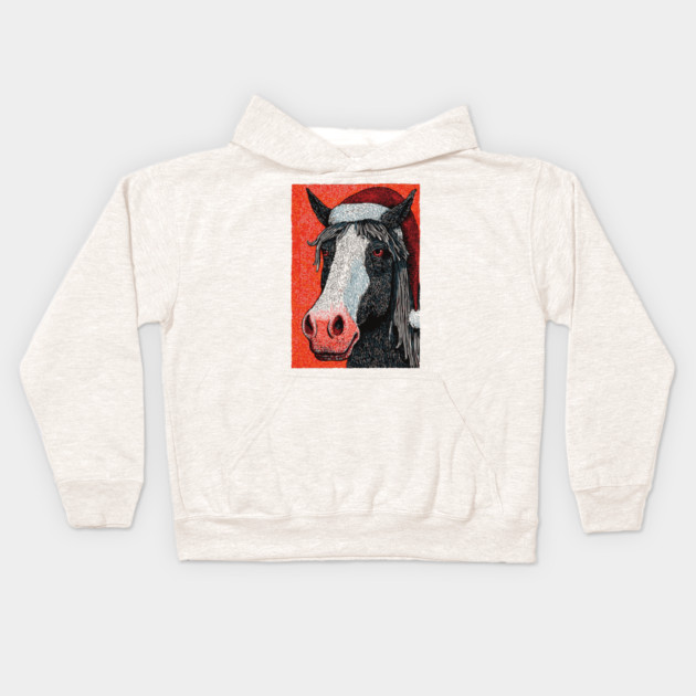 Festive Horse Wearing Santa Hat Christmas Art Kids Hoodie by TuncGK
