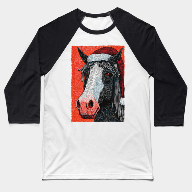 Festive Horse Wearing Santa Hat Christmas Art Baseball T-Shirt by TuncGK