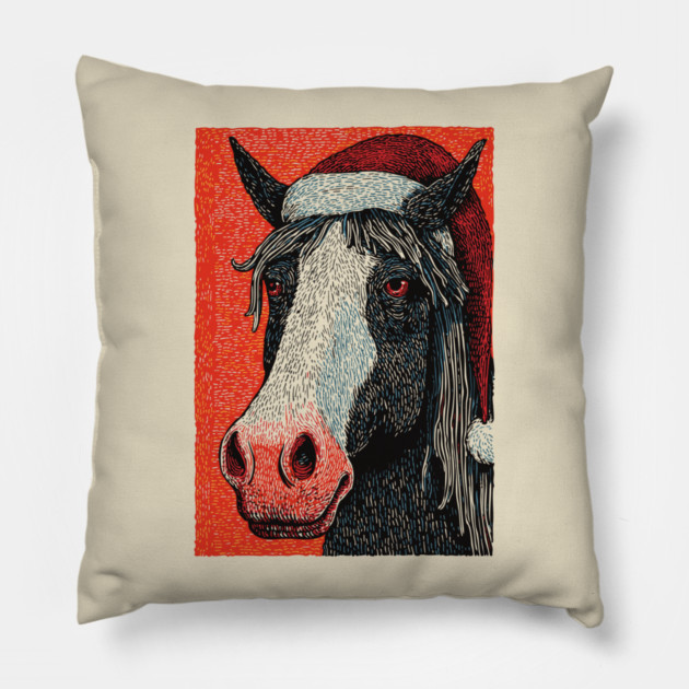 Festive Horse Wearing Santa Hat Christmas Art Pillow by TuncGK