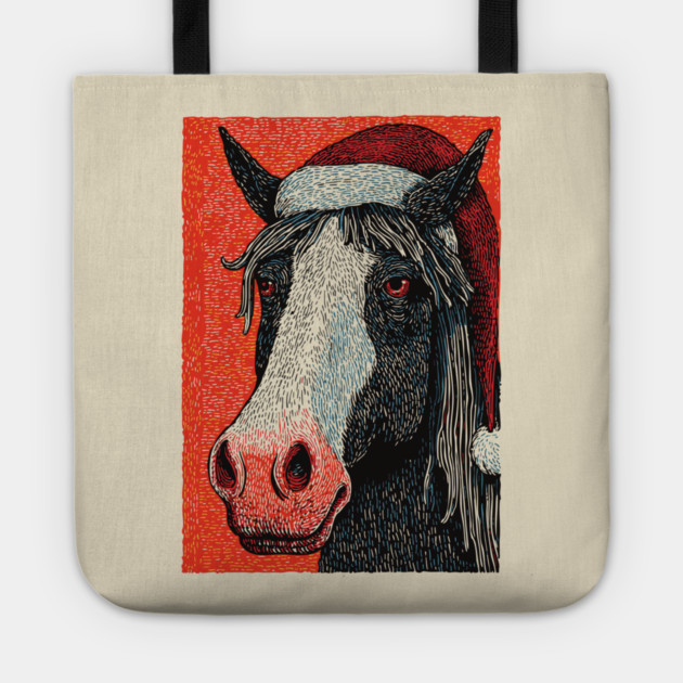 Festive Horse Wearing Santa Hat Christmas Art Tote by TuncGK