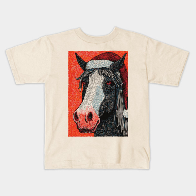 Festive Horse Wearing Santa Hat Christmas Art Kids T-Shirt by TuncGK