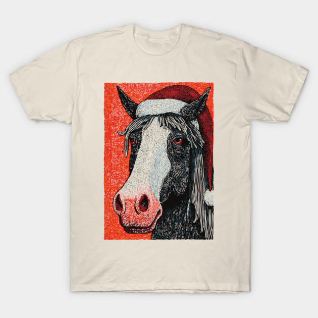 Festive Horse Wearing Santa Hat Christmas Art T-Shirt by TuncGK