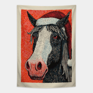 Festive Horse Wearing Santa Hat Christmas Art Tapestry