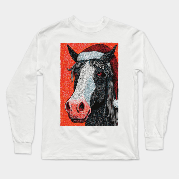 Festive Horse Wearing Santa Hat Christmas Art Long Sleeve T-Shirt by TuncGK