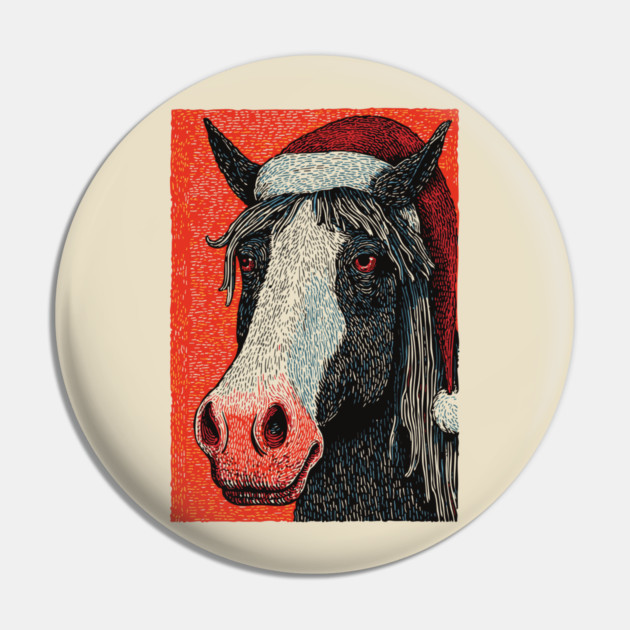 Festive Horse Wearing Santa Hat Christmas Art Pin by TuncGK