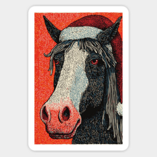 Festive Horse Wearing Santa Hat Christmas Art Magnet