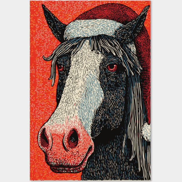 Festive Horse Wearing Santa Hat Christmas Art Wall Art by TuncGK