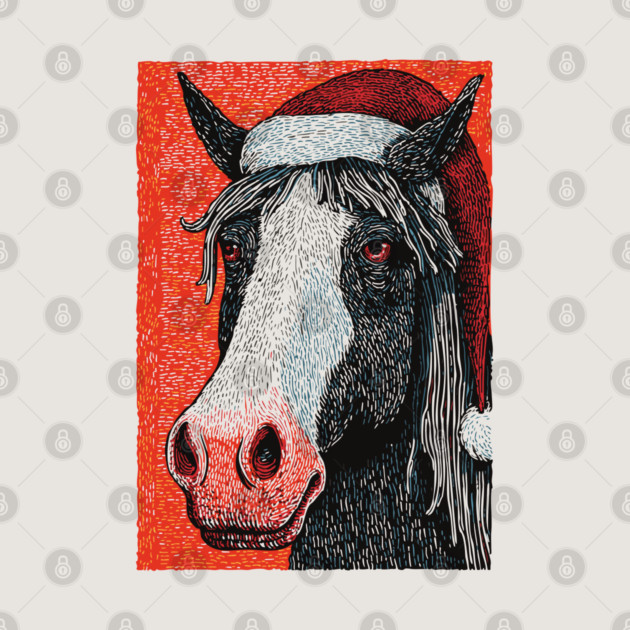 Festive Horse Wearing Santa Hat Christmas Art by TuncGK
