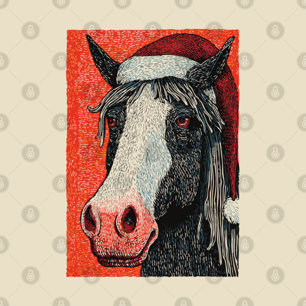 Festive Horse Wearing Santa Hat Christmas Art by TuncGK