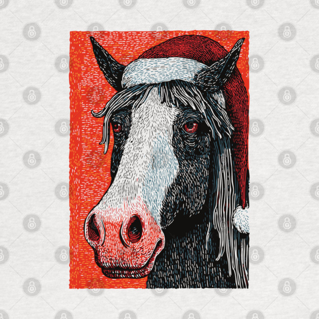 Festive Horse Wearing Santa Hat Christmas Art by TuncGK