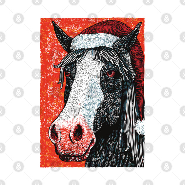 Festive Horse Wearing Santa Hat Christmas Art by TuncGK