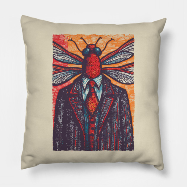 Surreal Dragonfly Head in Corporate Attire Artistic Design Pillow by TuncGK