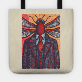 Surreal Dragonfly Head in Corporate Attire Artistic Design Tote