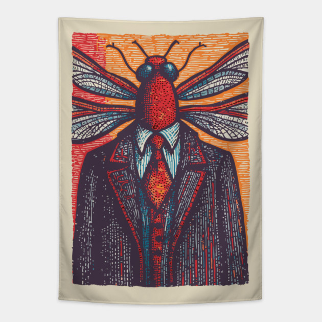 Surreal Dragonfly Head in Corporate Attire Artistic Design Tapestry by TuncGK