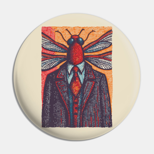 Surreal Dragonfly Head in Corporate Attire Artistic Design Pin by TuncGK
