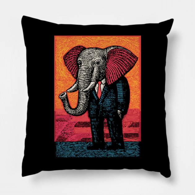 Majestic Elephant in Business Suit Surreal Art Pillow by TuncGK