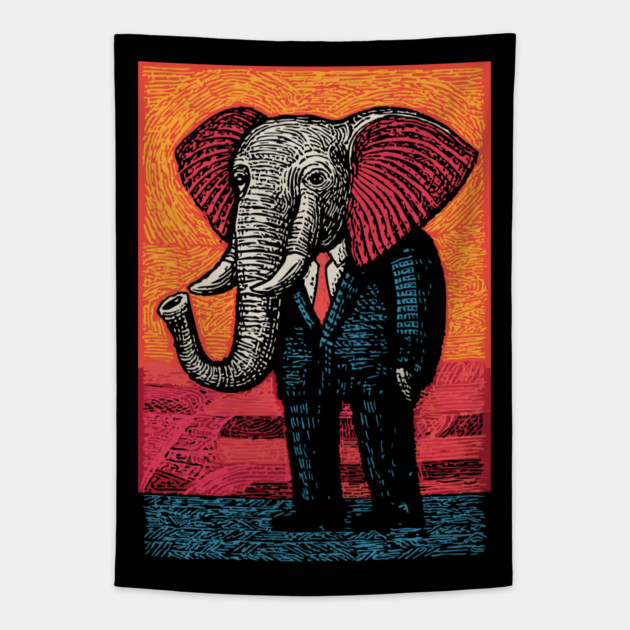 Majestic Elephant in Business Suit Surreal Art Tapestry by TuncGK