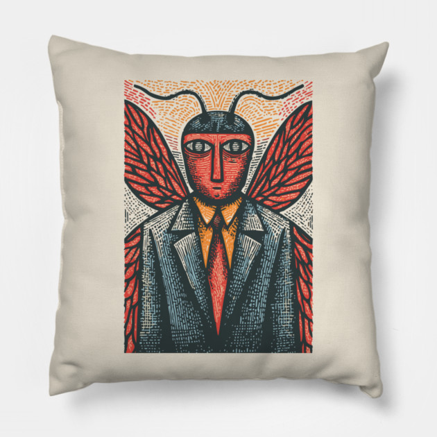 Surreal Moth-Headed Executive in Suit Art Design Pillow by TuncGK