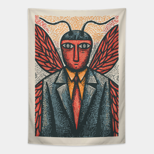 Surreal Moth-Headed Executive in Suit Art Design Tapestry by TuncGK