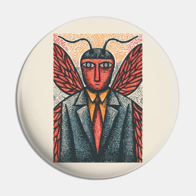 Surreal Moth-Headed Executive in Suit Art Design Pin by TuncGK