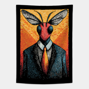 Majestic Dragonfly-Headed Businessman in Suit Surreal Art Tapestry