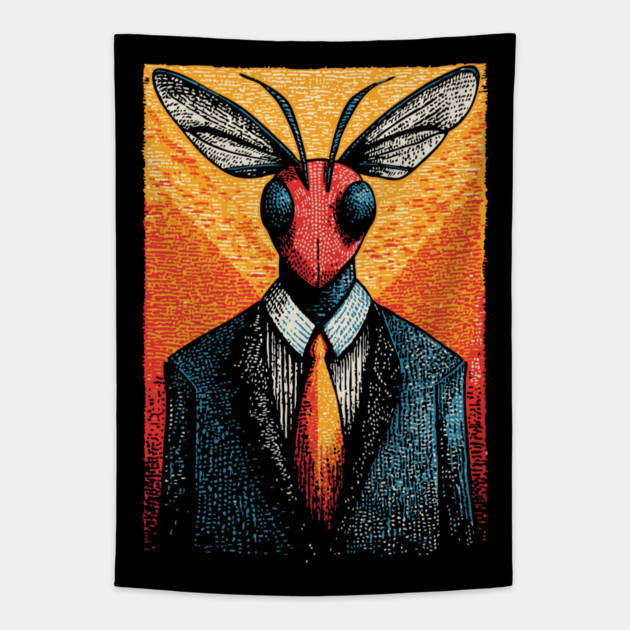 Majestic Dragonfly-Headed Businessman in Suit Surreal Art Tapestry by TuncGK