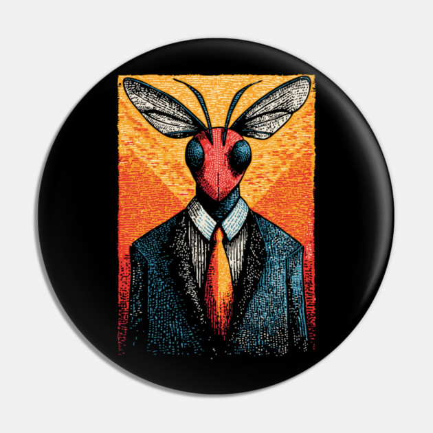 Majestic Dragonfly-Headed Businessman in Suit Surreal Art Pin by TuncGK