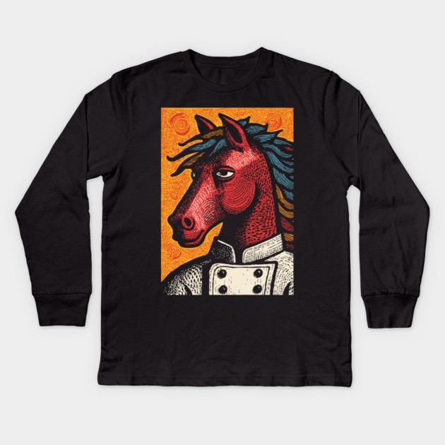 Culinary Horse Chef in Kitchen Attire Funny Art Kids Long Sleeve T-Shirt by TuncGK