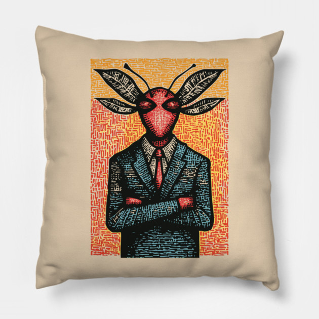 Surreal Dragonfly-Headed Executive in Business Attire Art Pillow by TuncGK