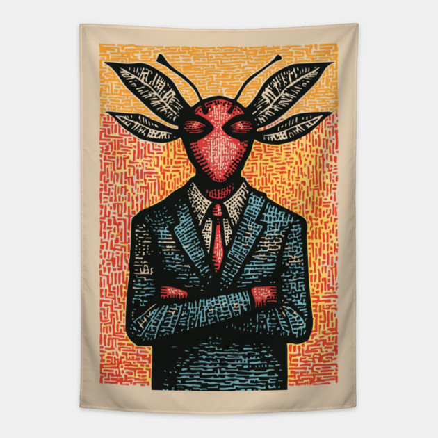 Surreal Dragonfly-Headed Executive in Business Attire Art Tapestry by TuncGK