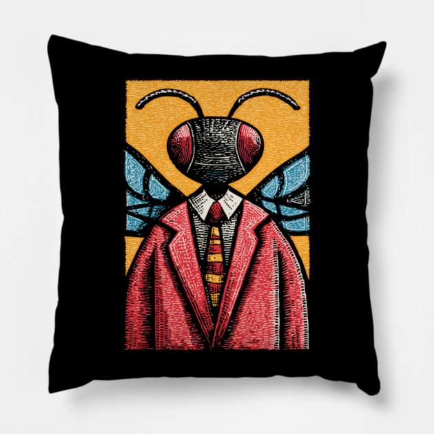 Quirky Winged Ant-Headed Office Manager Surreal Art Pillow by TuncGK
