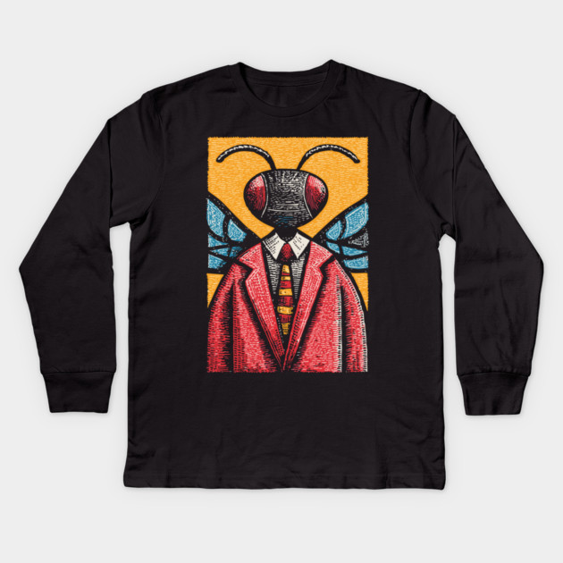 Quirky Winged Ant-Headed Office Manager Surreal Art Kids Long Sleeve T-Shirt by TuncGK