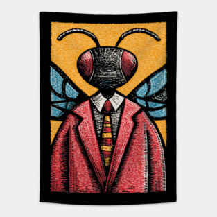 Quirky Winged Ant-Headed Office Manager Surreal Art Tapestry