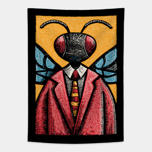 Quirky Winged Ant-Headed Office Manager Surreal Art Tapestry by TuncGK