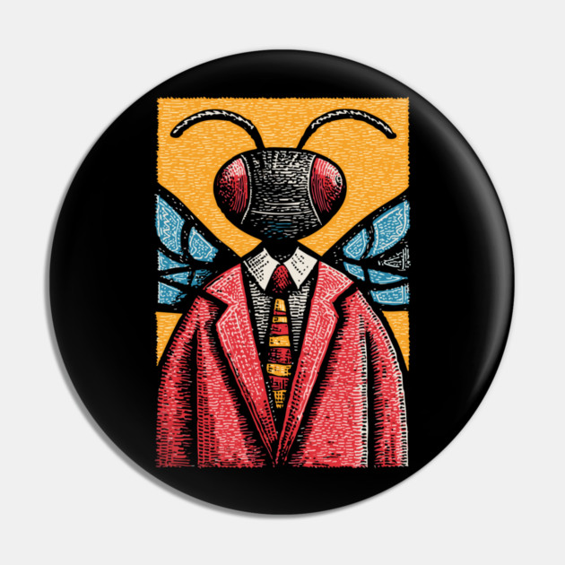 Quirky Winged Ant-Headed Office Manager Surreal Art Pin by TuncGK