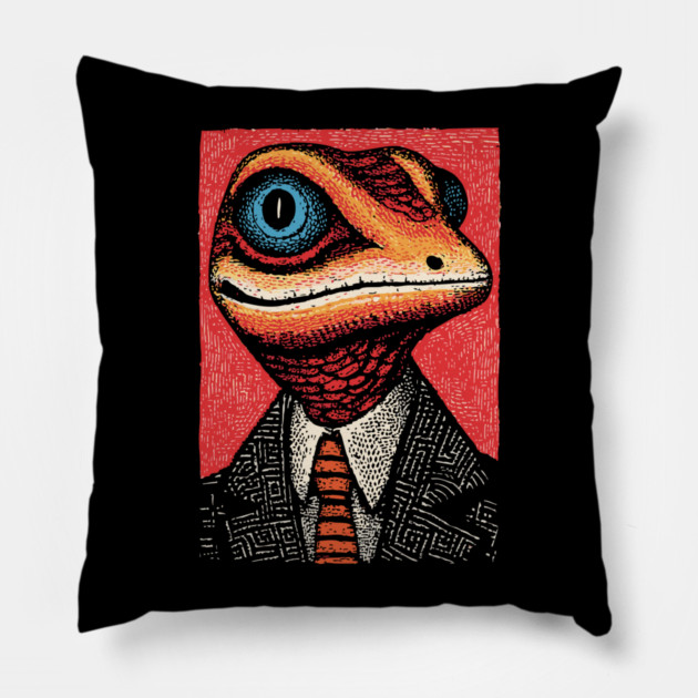 Quirky Gecko in Business Suit Funny Art Design Pillow by TuncGK